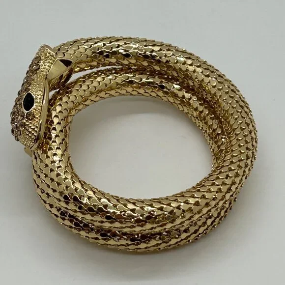 Gold-Tone Memory Wire Snake Bracelet With Black Eyes & Rhinestone Accents - Picture 8 of 10